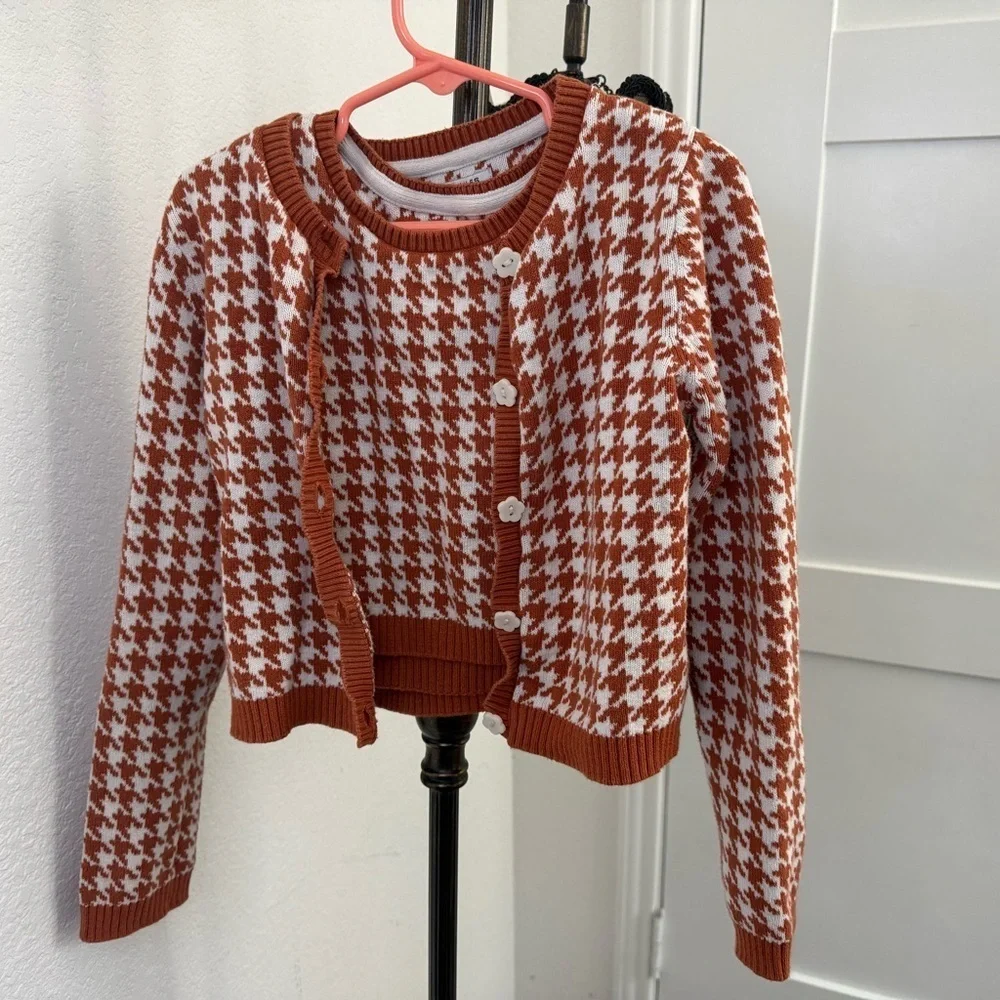 Sincerely Jules Kids Houndstooth Cardigan and Sleeveless Top Set Rust and White
